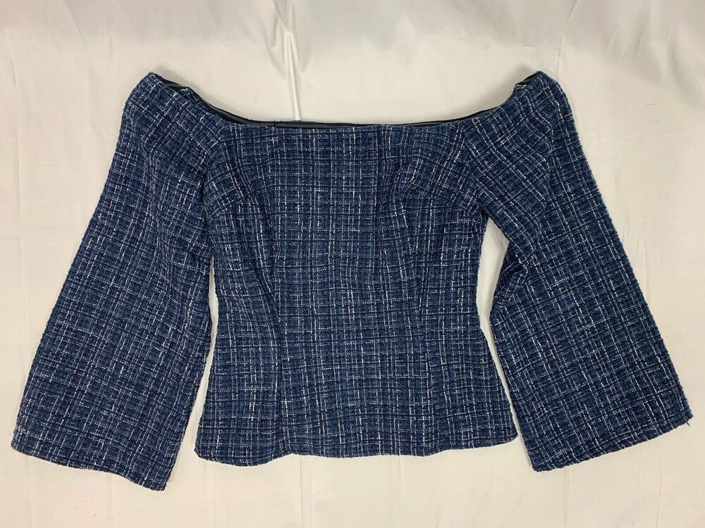 Zara NWT Women's Blue Tweed Textured Off the Shoulder Top Long Sleeve Size XS